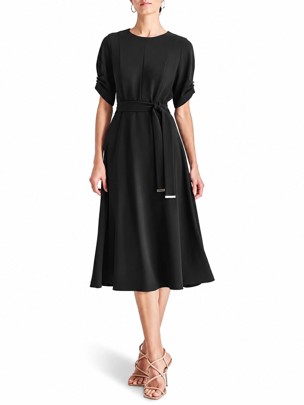 DKNY Black Tie Waist Midi Dress Women’s Size 2 Short Sleeve NWT